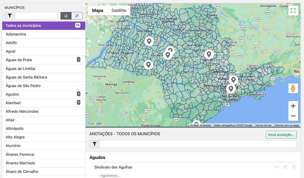 Imagem da tela da ferramenta Diário de Campanha com pontos georreferenciados.
